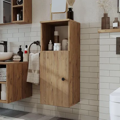 Imagen del producto de Skye Decor, armario de baño de alta calidad, color pino Atlantic, 35x90x30 cm, 100% MDF, con 3 estantes