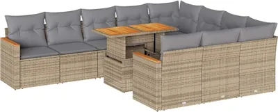 Imagen del producto de vidaXL Juego de sofá de jardín de 11 piezas con cojines, color beige, fabricado con ratán sintético y madera de acacia