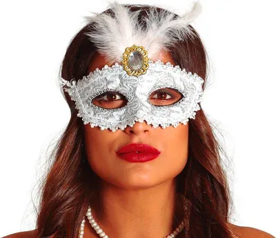 Image de Carnaval Venise Masque Élégant Blanc Bijoux Brillants Plumes, Couleur : Blanc
