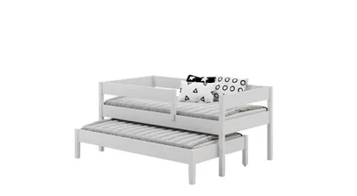 Produktbild von Ausziehbett 180x90 Kinderbett mit Rausfallschutz & Lattenrost weiß 90 x 180 für Mädchen und Jungen Massivholz Kiefer und MDF Möbelplatte,