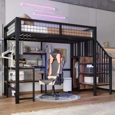 A loft bed with a desk, chair, and shelves in a room.