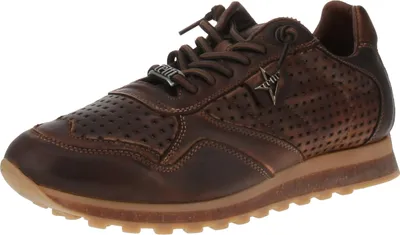 A single brown leather sneaker is shown against a white background.