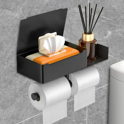 Produktbild von Toilettenpapierhalter zur Wandmontage, Toilettenpapierrollenhalter mit Taschentuchbox, freistehender Toilettenpapierhalter, Toilettenpapierhalter ohne Bohren für Badezimmer, Küche, Schwarz