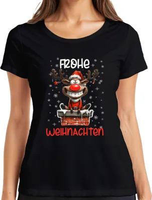Produktbild von Frohe Weihnachten lustiger Elch Reh Rentier - Weihnachten Xmas Christmas Damen T-Shirt, Schwarz, 3XL