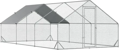 Produktbild von PawHut Hühnerstall Freilaufgehege aus Stahl, 300 x 600 x 200 cm Hühnerkäfig mit Abdeckung, Tür, Hühnergehege für 12-18 Hühner, Kleintiere, Silber