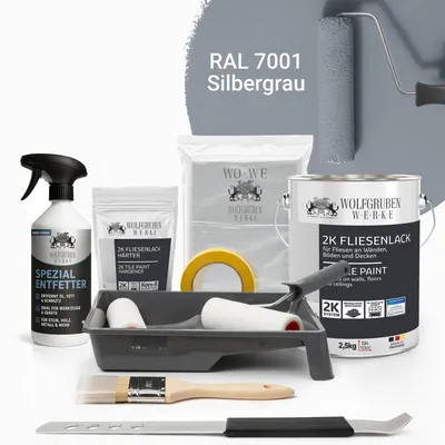 Produktbild von WO-WE Komplettset 2K Fliesenlack Renovierungsset für Küche, Badezimmer, Wand- & Bodenfliesen Silbergrau 2,5Kg