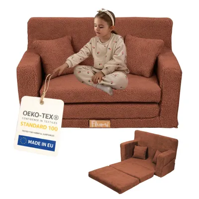 Produktbild von Flumi Kindercouch Kindersofa Spielsofa mit Schlaffunktion für Kinderzimmer -Schlafsessel mit Bettfunktion - Kindermöbel - Boucle Braun
