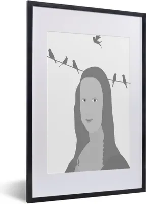 Produktbild von MuchoWow® Gerahmtes Poster Mona Lisa - Vögel - Schwarz - Weiß 40x60 cm - Poster mit Schwarzem Bilderrahmen Wandposter Rahmen Foto Bilder - Poster in Rahmen