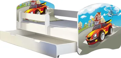 Produktbild von ACMA Jugendbett Kinderbett Junior-Bett Komplett-Set mit Matratze Lattenrost und Rausfallschutz Weiß 03 Racing Car 180x80 + Bettkasten