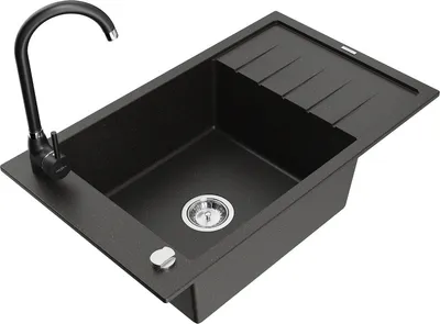Produktbild von Mexen Elias 1 Becken-Granitspüle mit Abtropffläche und Mischbatterie Telma, Schwarz/Gold - 6511-75-670200-70