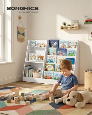 Produktbild von SONGMICS Kinderzimmerregal mit 5 Ebenen, Montessori Bücherregal, Spielzeugregal für Leseecke, 30 x 103,6 x 80 cm, weiß