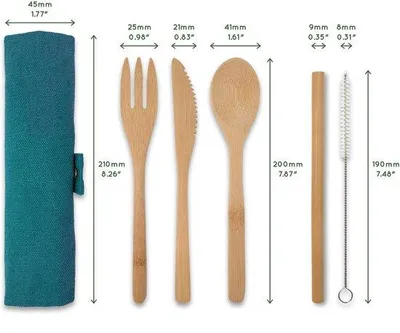 Produktbild von Famanu Besteckset aus Bambus | Reisbesteck | Tafelgeschirr | Messer, Gabel, Löffel und Strohhalm | Holzbesteckset | Bambus Essgeschirr | Camping
