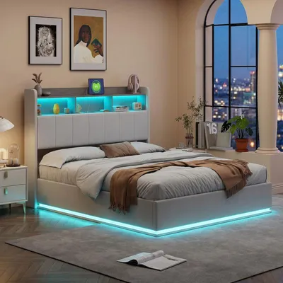Produktbild von ProximaX Polsterbett 140x200 cm Beige Samt – Doppelbett mit Hydraulik Stauraum, RGB LED Beleuchtung & Kopfteil mit Ablagefächern, Modernes Bettgestell