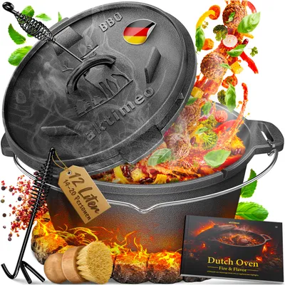 Produktbild von aktimeo Dutch Oven 12,0 L Gusseisentopf mit Deckel inkl. Zubehör & Rezeptbuch