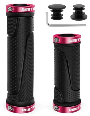 Image de Poignées de vélo ergonomiques, antidérapantes, en aluminium, avec système de verrouillage, diamètre 22,2 mm, couleur rose, longueur 130 mm + 90 mm