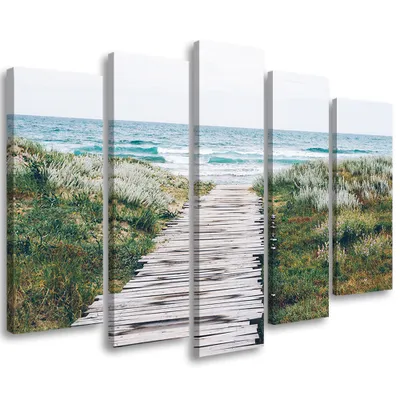 Produktbild von 5-teiliges leinwandbild meer strand 150x100 cm Feeby grün wandbild bereit zum aufhängen