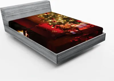 Produktbild von ABAKUHAUS Weihnachten Spannbetttuch, Weihnachtsszenen-Feiern mit Baum und Geschenken durch den Kamin Artful Design Image, 90 x 200 cm, Gelb Rot