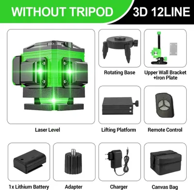 Obrázek produktu pro 360° liniový laser – křížový laser s 12 liniemi – zelený 505–520 nm – samonivelační 4° – dosah 20 m (60 m s přijímačem) – přesnost ±3 mm/10 m – včetně brašny