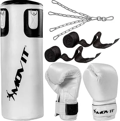 Imagen del producto de Silecomplaza, set de boxeo con saco de boxeo de 25 kg, relleno, que incluye: saco de boxeo (alto 80 cm x diámetro 30 cm), guantes de boxeo de 12 oz, vendas para boxeo, para adultos, juego de boxeo, color  o blanco