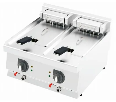 A double deep fryer with stainless steel construction.