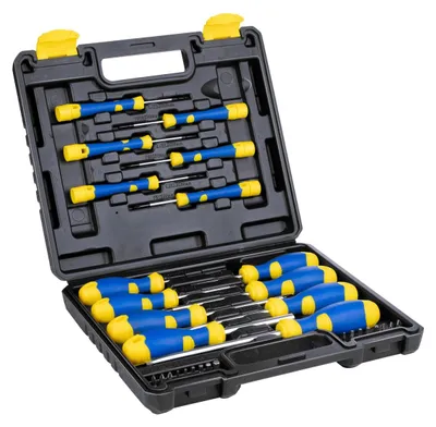 Produktbild von Kinzo Schraubendreher Set 32teilig - inkl. Werkzeugkoffer - Schraubendreher mit magnetischer Spitze - Schwarz, Gelb, Blau