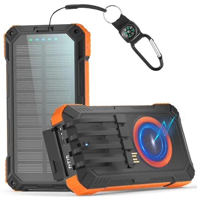 A solar power bank with a compass accessory is shown against a white background.