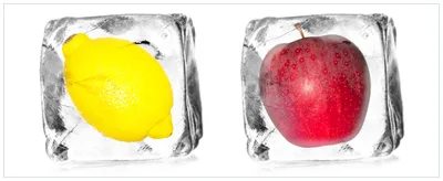 Produktbild von Wallario Premium Glasbild, freischwebende Optik, kräftige Farben, Größe 80 x 32 cm Motiv Zitrone in Eiswürfel - Eiskaltes Obst