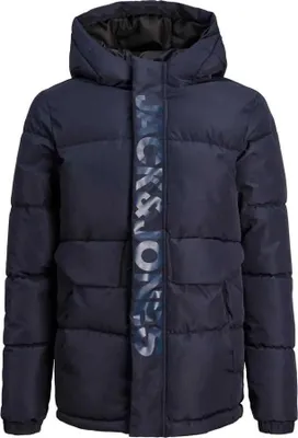 A navy blue puffer jacket with a hood and the brand name "JACK & JONES" printed vertically on the front.