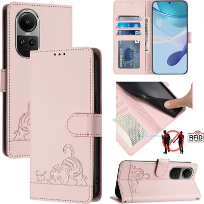 Obrázek produktu pro Kožené pouzdro pro Oppo Reno10 /Reno10 Pro, sladká kočka Flip pouzdro s funkcí stojánku a peněženkou Růžový