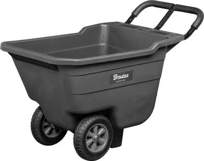 A dark gray garden cart with two wheels and two handles, shown against a white background.
