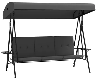 Produktbild von Hollywoodschaukel 3-Sitzer, verstellbares Dach 45¡ã, 210x115x158 cm, Stahl, Polyester, 2 Seitentische mit Getr?nkehalter, gepolsterte Kissen