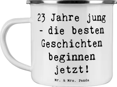 Produktbild von Mr. & Mrs. Panda Pott Spruch 23. Geburtstag Geschichten - Weiß - Geschenk, becher emaille, Kaffeepott, Geburtstagsgeschenk, Haferl, magischer Moment, Happy Birthday