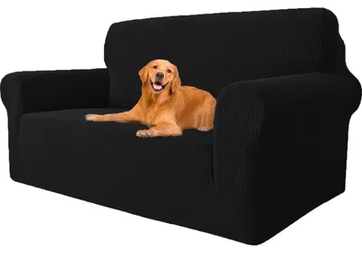 Zdjęcie produktu dla Pokrowiec na sofę, dwuosobowy, czarny, rozciągliwy (139-175 cm), można prać, antypoślizgowy