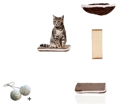 Produktbild von Vierteilige Kletterwand für Katzen - Wandmontage Katzenmöbel-Set mit Hängematte und Spielmöglichkeiten, Grau