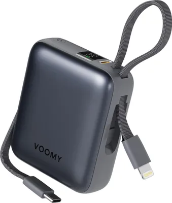 A dark gray VOOMY power bank with integrated USB-C and Lightning cables, shown against a white background.