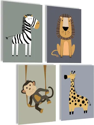Produktbild von Posters Kinderzimmer Set, Safari Thema, 4 Stück, Qualitätspapier, Wanddekoration für Kinder