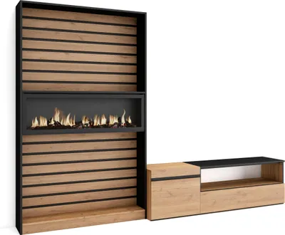 Produktbild von Wohnwand Wohnzimmer, 260x35x186cm, Für TV-Geräte bis zu 65", Elektrokamin XXL, Eiche und Schwarz