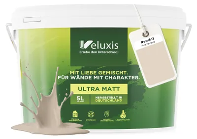 Produktbild von Wandfarbe Beige Creme Hellgrau Matt Innenfarbe – Deckkraft Klasse 1, VOC-frei, Ohne Grundierung, Tropfarm – Wohnzimmer & Schlafzimmer – 5L – Veluxis (Pure Pampas)