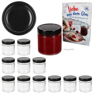 Produktbild von 12er Set Marmeladenglas 212ml Deep Deckel Schwarz & Heft Hochrandglas