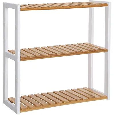 Obrázek produktu pro Bambusová nástěnná polička, výškově nastavitelná, 3 úrovně, barva béžová/bílá, rozměry 60 x 15 x 54 cm