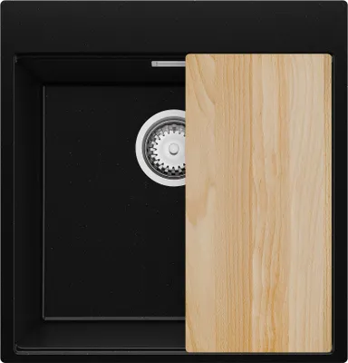Produktbild von PRIMAGRAN Spülbecken Schwarz Metallic 48x50cm, Granitspüle 1 Becken + Ablauf-Set + Schneidebrett, Küchenspüle ab 50er Unterschrank - Oslo