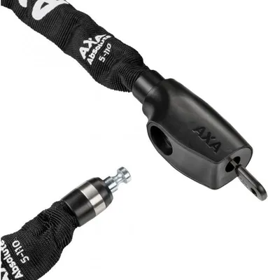 A close-up view of a black chain lock with a black handle and a silver key.