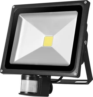 A black LED floodlight with a motion sensor attached to the bottom, shown against a white background.