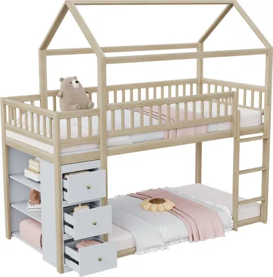 Produktbild von Etagen-Kinderbett(Holzfarbe)Hausform,Sicherheitszaun-Design, Mit Aufbewahrungskommode und Regalen, Niedriges Hochbett mit Leiter,Massivholzrahmen