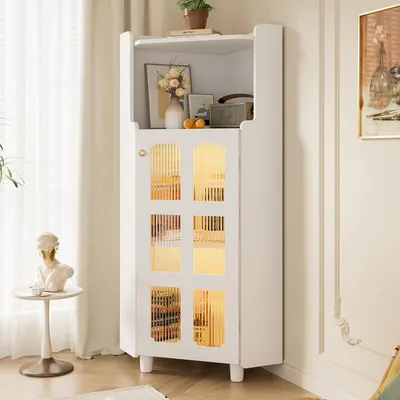 Obrázek produktu pro Rohová skříň Flieks s LED osvětlením, multifunkční rohová komoda, vhodná do obývacího pokoje, koupelny nebo ložnice, rozměry 63,5 x 16,5 x 124 cm, bílá barva