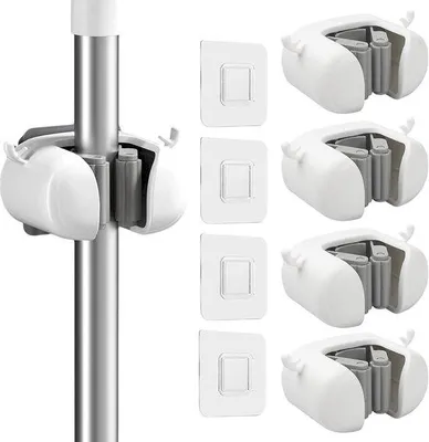 Produktbild von 4-teiliger Besen- und Schrubberhalter, Wandbesenhalter mit 8 Haken, selbstklebender Schrubberhalter, Besenhalter für das Organisieren von Besen, selbstklebende Besenklammern (weiß)