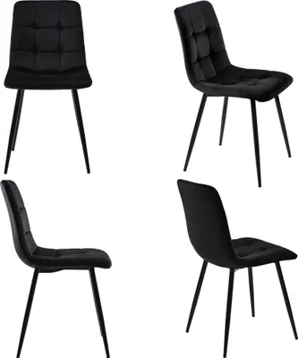 Four different views of a black velvet dining chair.