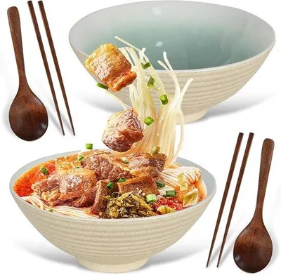 Produktbild von Keramik Ramen Schüssel Set 1200ml mit Essstäbchen und Löffel