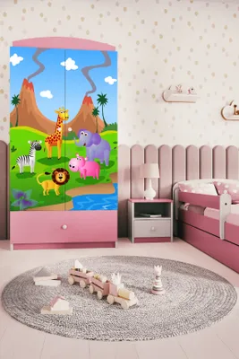 Obrázek produktu pro Dětská šatní skříň Babydreams Šatní skříň se závěsnými dveřmi Šatní skříň Safari světle růžová