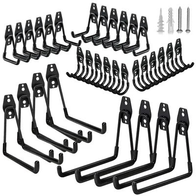 Image de Lot de 32 crochets de garage – crochets muraux robustes avec vis et protection antidérapante – support mural peu encombrant pour outils, vélos, échelles et outils de jardinage – Noir